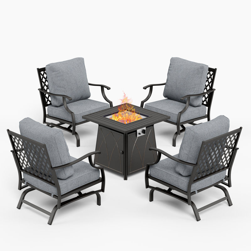 Ensemble de conversation d'extérieur pour 4 personnes avec chaises berçantes et table de foyer Carli, Gris