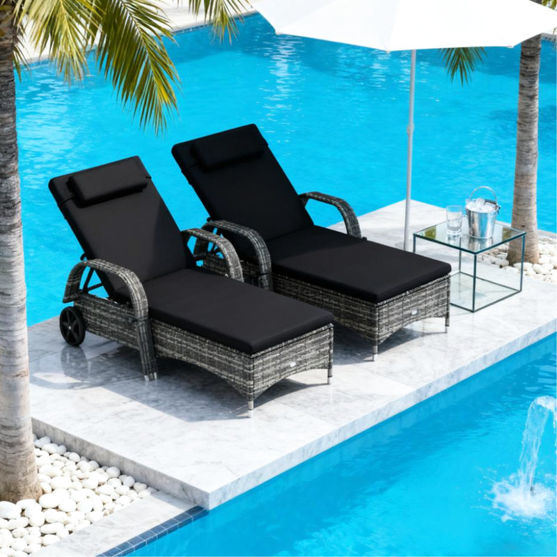 Chaises longues inclinables pour la détente en extérieur, mobilité sur roulettes, coussins épais, cinq positions, style tropical, piscine avec roulettes, fonctionnalités, angles, confort et construction