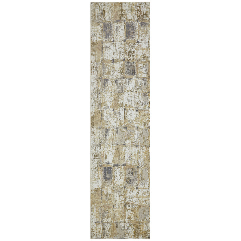Wallburg Gold Charcoal Grid Abstract Area Rug, Runner 2'6" x 10'