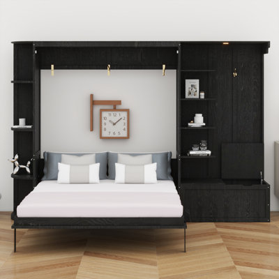 Contemporary Murphy Bed with Built-in Lights, Shelves, Cabinets & Hook