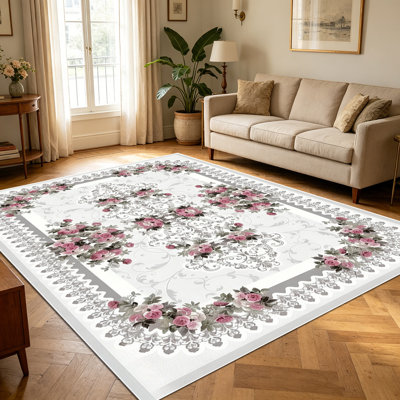 1PC Vintage Pink Rose Floral Lace Damask area rugs for Living Room, Soft and Comfortable, Suitable for all seasons, easy-to-maintain, machine washable Indoor floor mat, Under Table Farmhouse suitable for dining room, bedroom, kitchen, entryway,