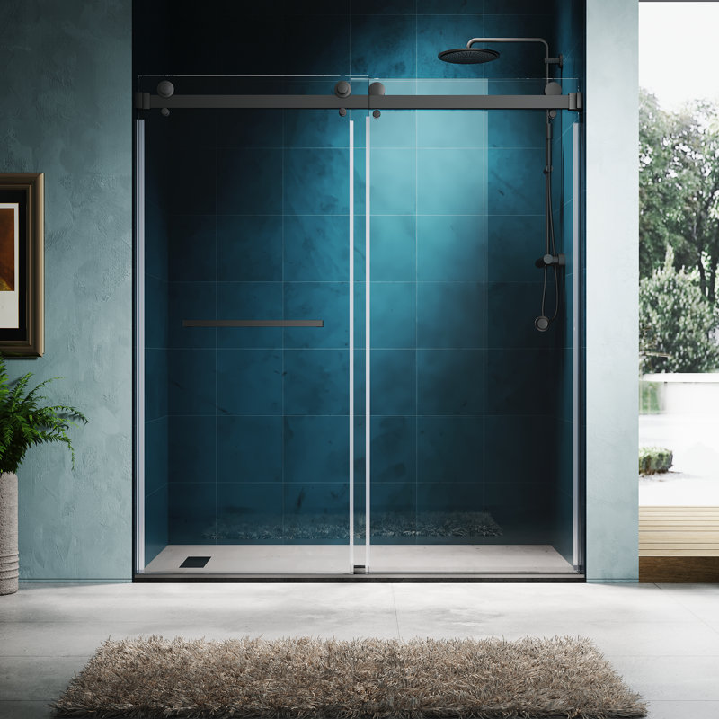 56'' - 60'' W x 72'' H Double Added Frameless Shower Door with Clear Glass, Matte Black