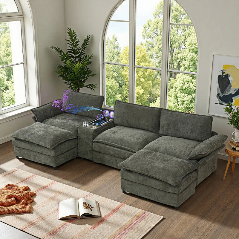 Canapé modulaire en U modulaire avec repose-pieds mobile, avec chargeur sans fil, haut-parleurs Bluetooth, rangement et porte-gobelets