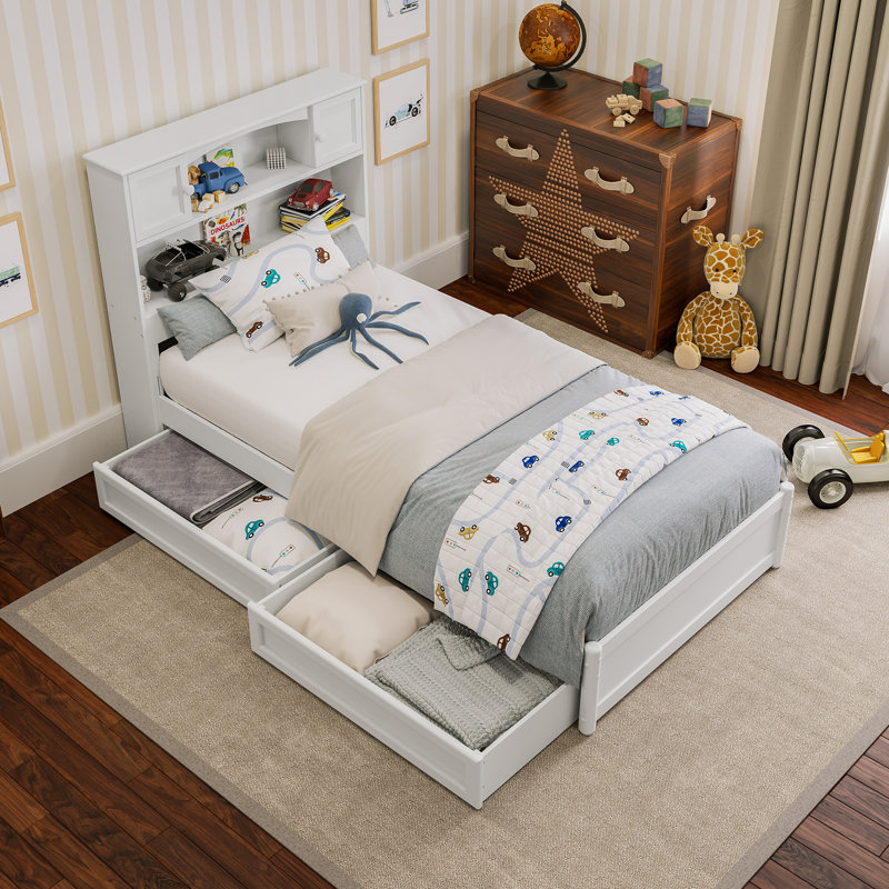 Lit plateforme avec rangement en bois Denver, Lit simple, White