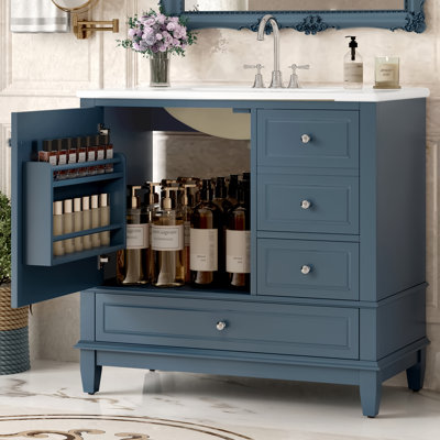  36" Bathroom Vanity with Ceramic Sink, Solid Wood Frame, 3 Drawers & Soft-Close Door with Racks, Blue Gray