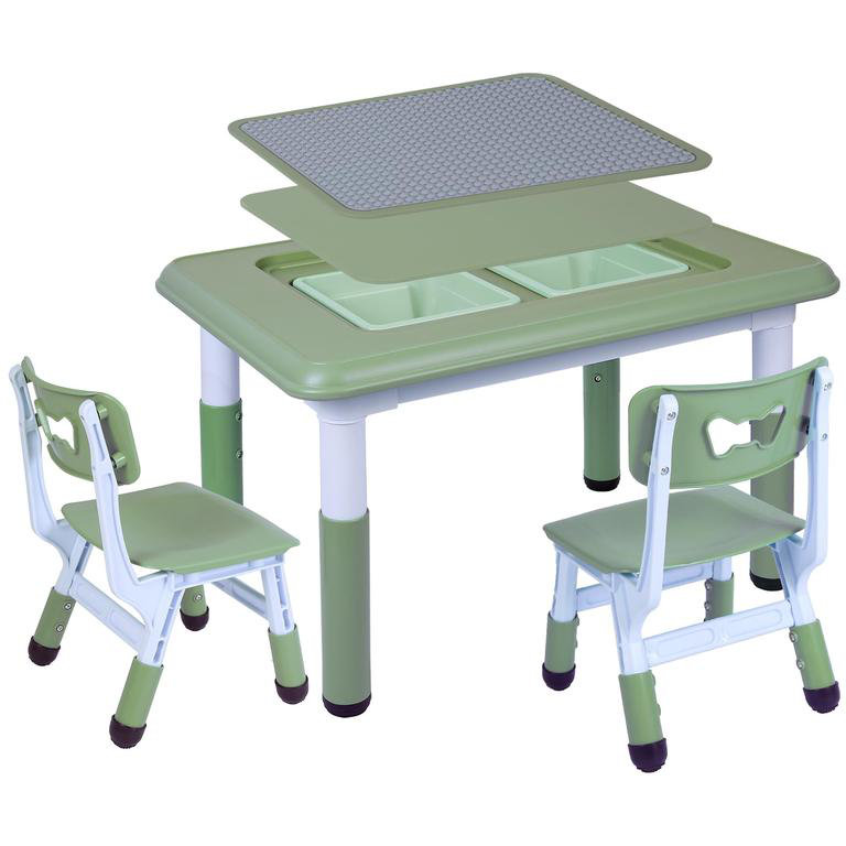 Ensemble de table pour enfant et 2 chaises, réglable en hauteur, table de jeu multi-activités 3 en 1 avec 2 chaises, bacs de rangement, vert