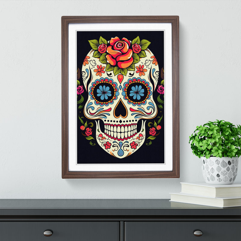 Sugar Skull Line No.4 - Single Picture Frame Print on Wood, 34cm H x 25cm W x 2cm D, Walnut