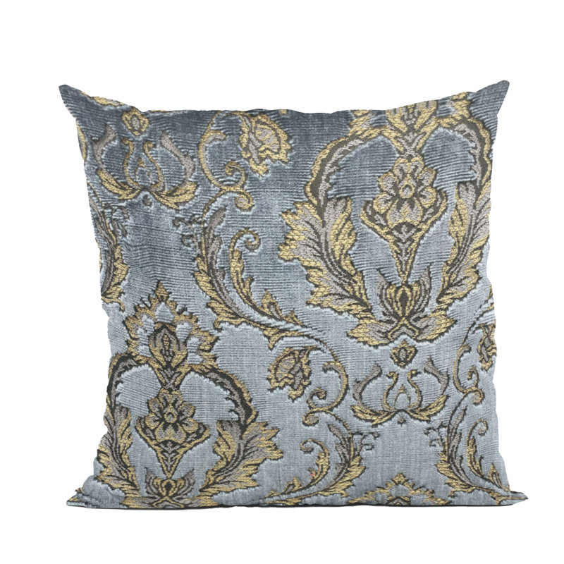 Coussin Plutus Versailles Grandeur, H 16 po x l 16 po, Carrée, Gris / damas doré
