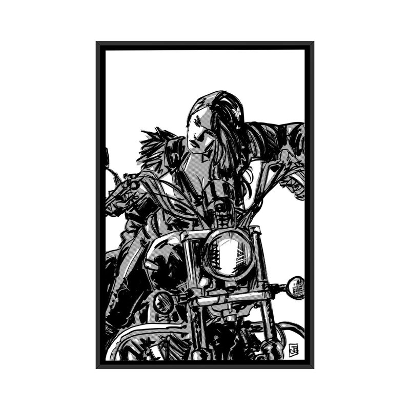 Biker fille, impression sur toile tendue, H 48 po x l 32 po x P 1,5 po, Toile avec cadre noir, Pas de tapis
