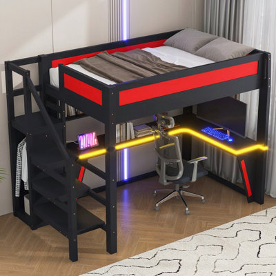 Full Size Loft Bed with Desk and Wardrobe, Gaming Loft Bed Frame with LED , Built-in USB