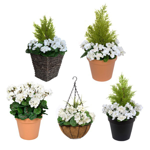 2x Artificial Rattan Patio Planters with Geraniums and Cedar Topiary, White