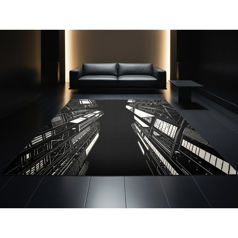 Tapis à motif géométrique moderne et moelleux en velours gris et noir, 8 x 12