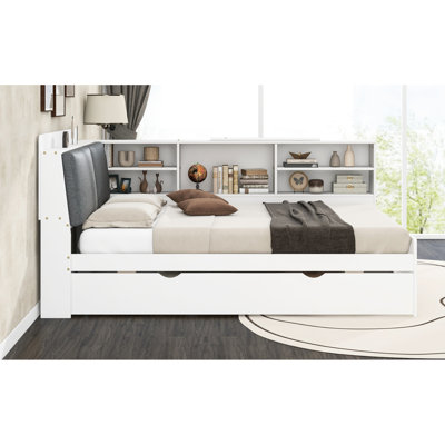 Lit plateforme double en bois blanc avec lit gigogne, tablette de tête de lit et compartiment de rangement - rangement intégré fonctionnel, tablettes sophistiquées
