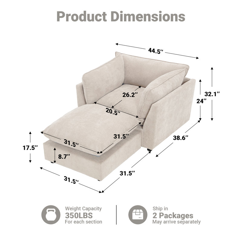 Fauteuil d'appoint avec repose-pieds 44,49 po Heffernan, Chenille beige