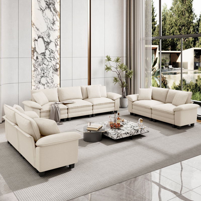 Ensemble de canapé modulaire rembourré 3 pièces, ensemble de canapé surdimensionné avec canapé et causeuse, Chenille ivoire