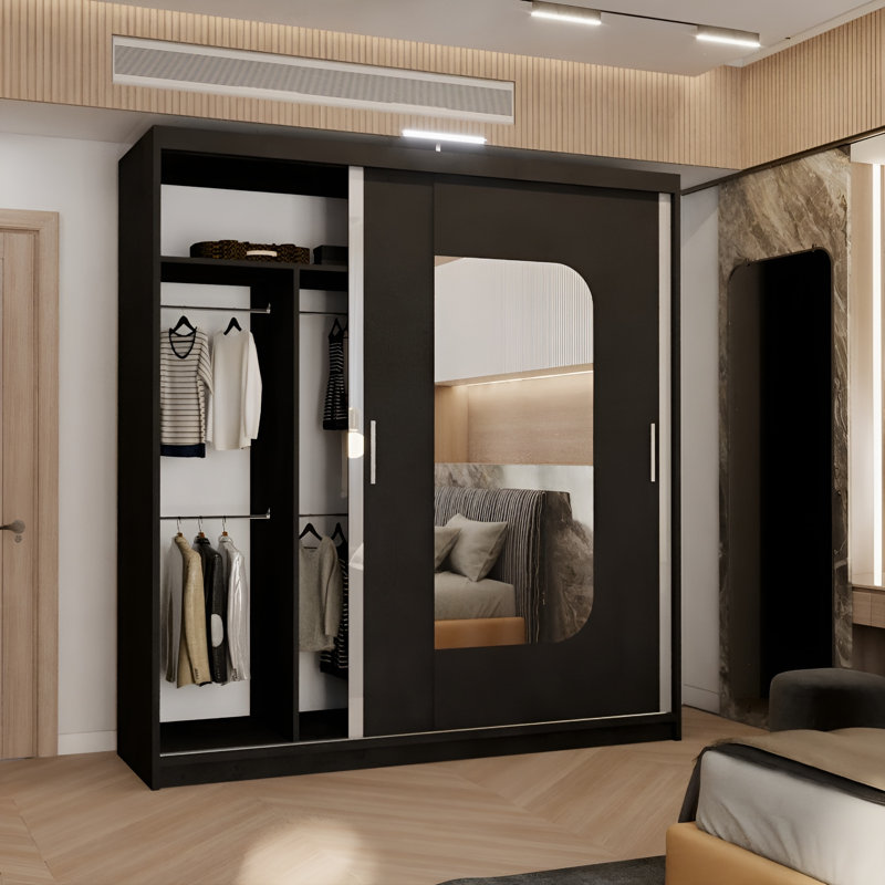 Cherith 2 Door Manufactured Wood Wardrobe, Black, 217cm H x 203cm W x 62cm D