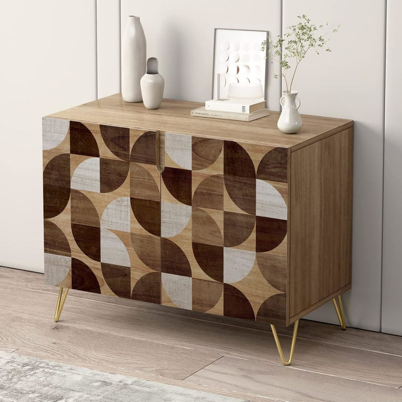 Buffet, armoire de rangement pour la cuisine avec 2 portes, motif en brun foncé et blanc à motif Polygone, console pour salle à manger L 35 po x l 18 po x H 29 po