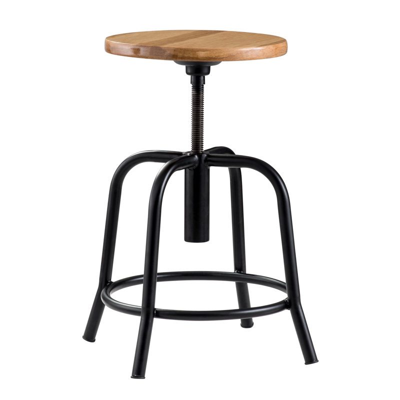 Adjustable Swivel Backless Stool, 25" Black Metal Frame with Wood Seat