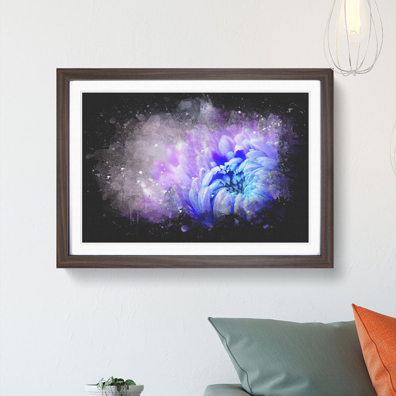 Lilac & Blue Chrysanthemum Paint Splash - Picture Frame Graphic Art, Walnut Framed, 33cm H x 45cm W x 2cm D