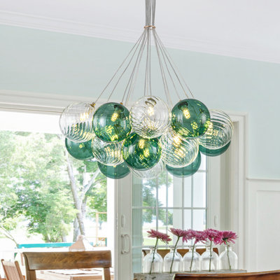 16 - Lustre à bulles en verre nervuré bleu clair