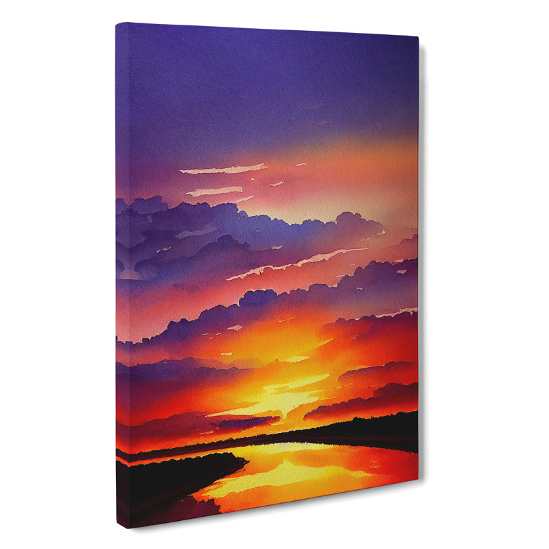 Sunset Lake Watercolour No.3 - Wrapped Canvas, 50cm H x 35cm W x 3cm D