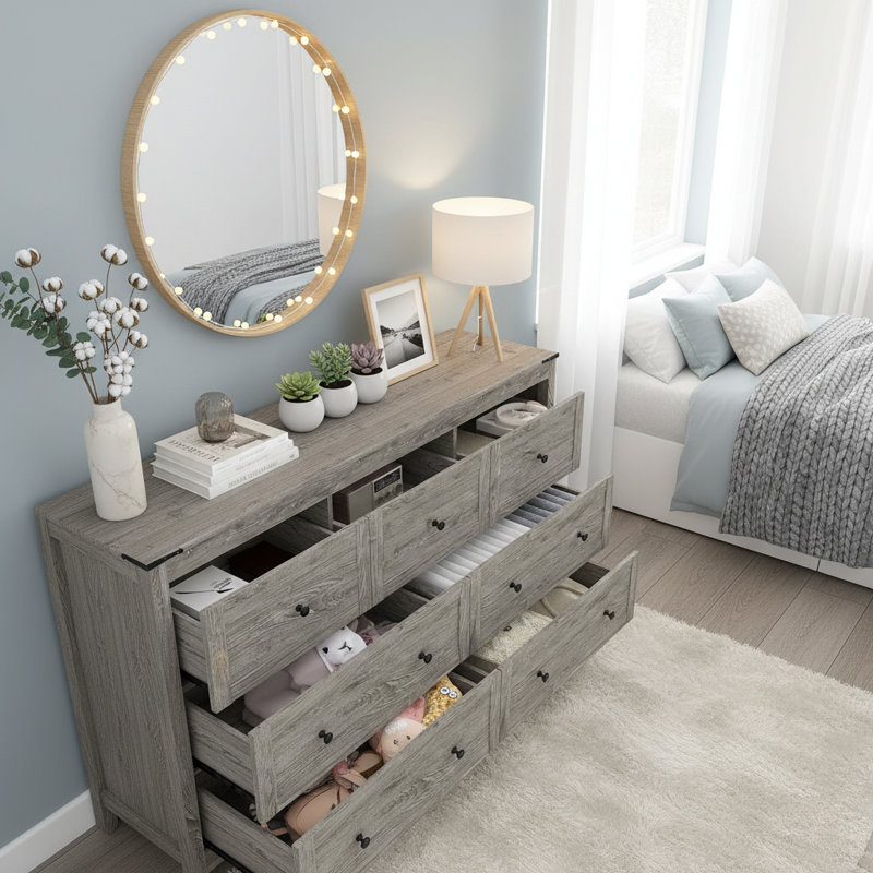 Commode 7 tiroirs avec lumières à DEL et station de charge Rustic Gray, Gris