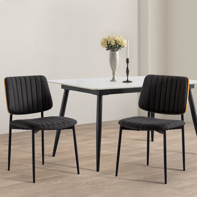 Ortaliz Mid-century Dining Chair Set Linen Fabric Bentwood Back Armless Side Chair (Set of 2), Black, 2