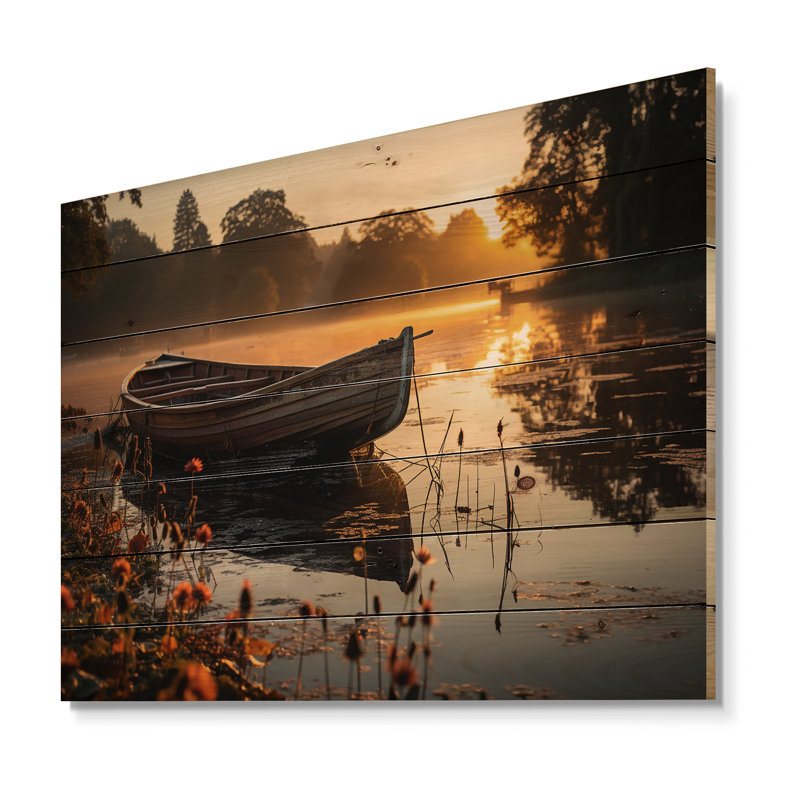 Canot sur le lac sur bois, H 30 po x l 40 po x P 0,78 po