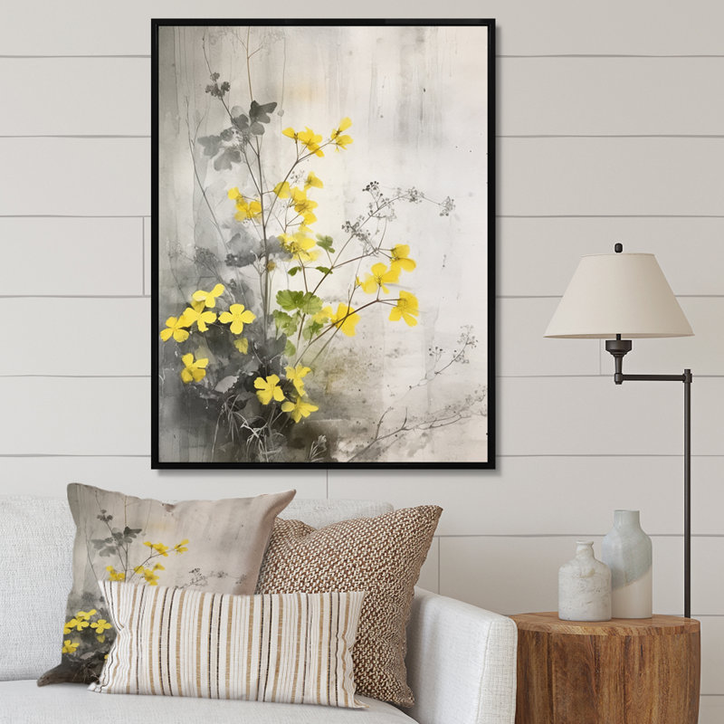 " Yellow Gray Herb Garden " by Designart, Black Floater Framed, 44" H x 34" W x 1.5" D