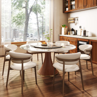 7Pcs Kitchen Dining Lazy Susan Table Set Farmhouse Solid Wood Pedestal (1 Table 6 Chairs) by Orren Ellis