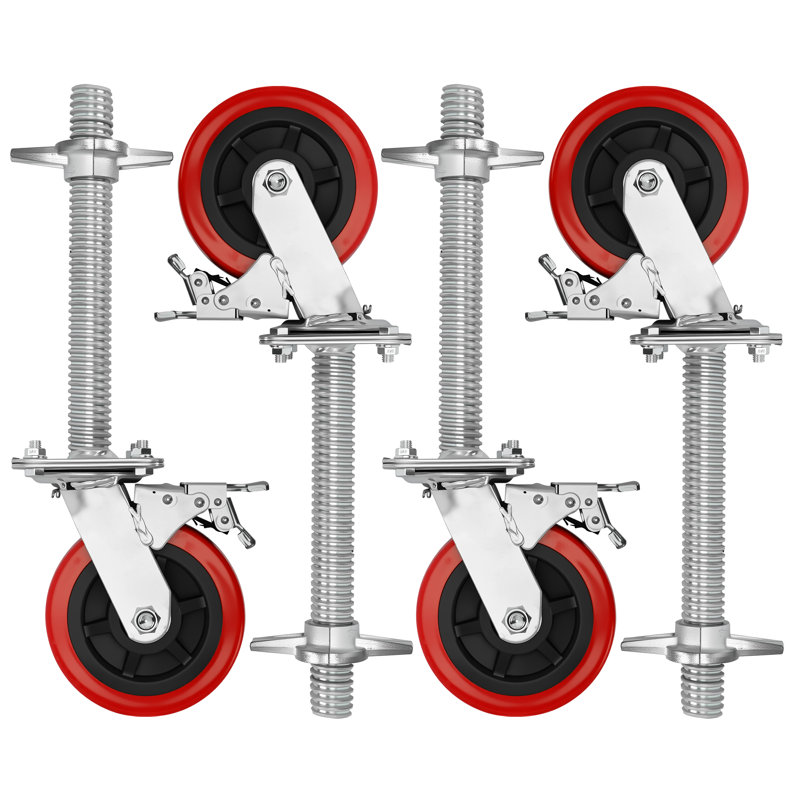 Roulettes d'échafaudage 6 pouces avec frein, vis d'échafaudage 1-1 / 4 po, ensemble de 4 roues d'échafaudage réglables