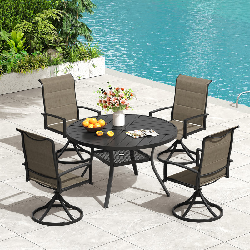 4-Person Patio Dining Set with Metal Round Dining Table and Padded Swivel Chairs, Black/Brown
