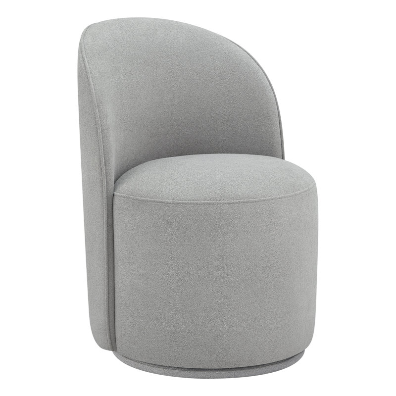 Sharlene swivel side chair in light gray fabric with a rounded back and cylindrical seat