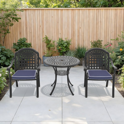 Ensemble de 3 meubles de patio en aluminium coulé avec coussins bleus