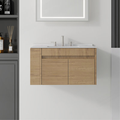Meuble-lavabo suspendu de 91 cm avec lavabo, porte à fermeture amortie, comptoir et dosseret en marbre synthétique blanc de Carrare de 1,5 cm d'épaisseur, contreplaqué