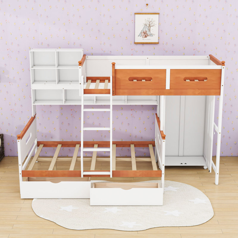 Lit superposé simple au-dessus de 2 tiroirs en bois 2 tiroirs avec garde-robe, tablettes et éclairage DEL