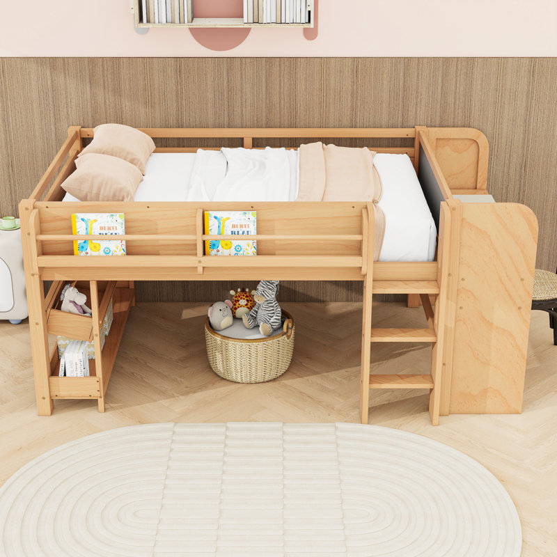 Lit mezzanine en bois avec tablettes, bureau et échelle, Lit double