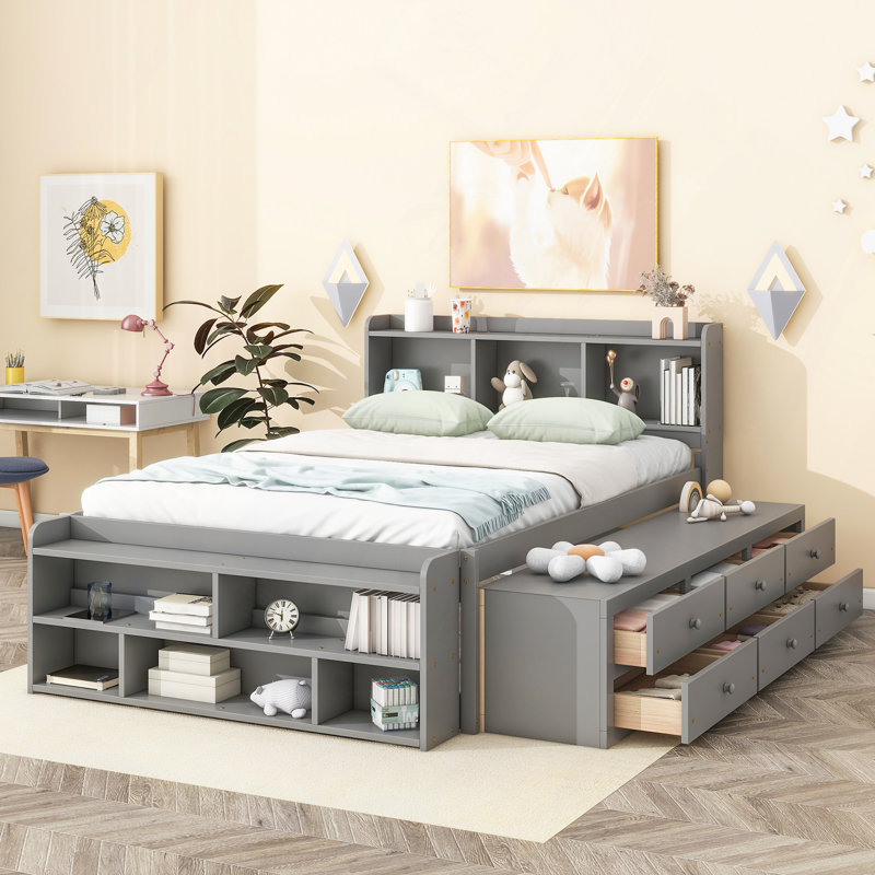 Lit double avec tête de lit bibliothèque, tiroirs de rangement sous le lit et étui de rangement, Gris