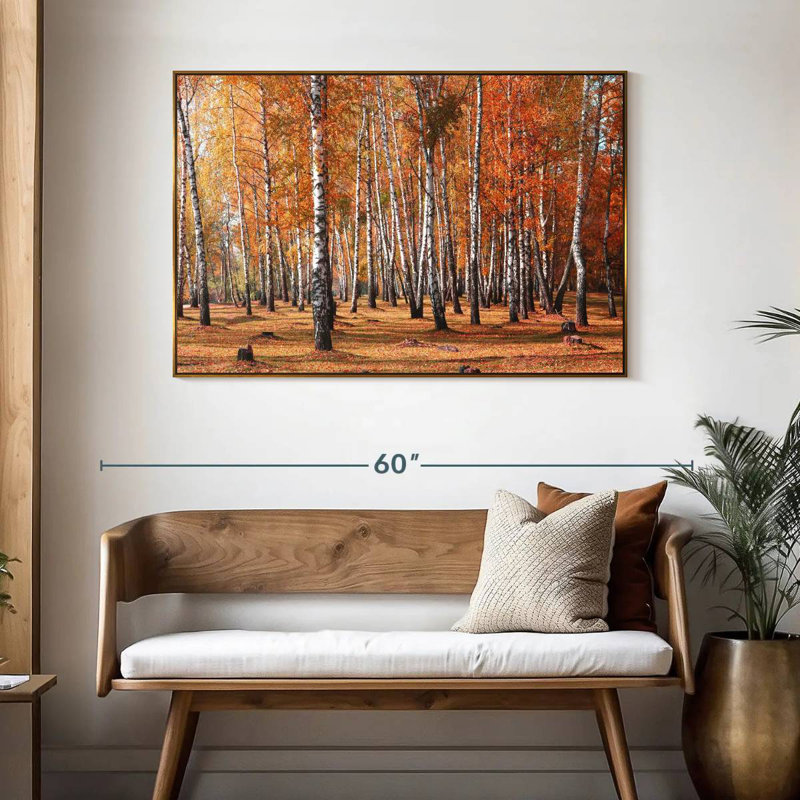 Forêt de bouleaux en automne, 46 po x 31 po, Cadre flottant doré