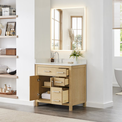 Beckett 36 Inch Single Bathroom Vanity in Whitewashed Oak, White Cultured Marble Countertop, Undermount Square Sink (3-Hole), Brushed Nickel Trim