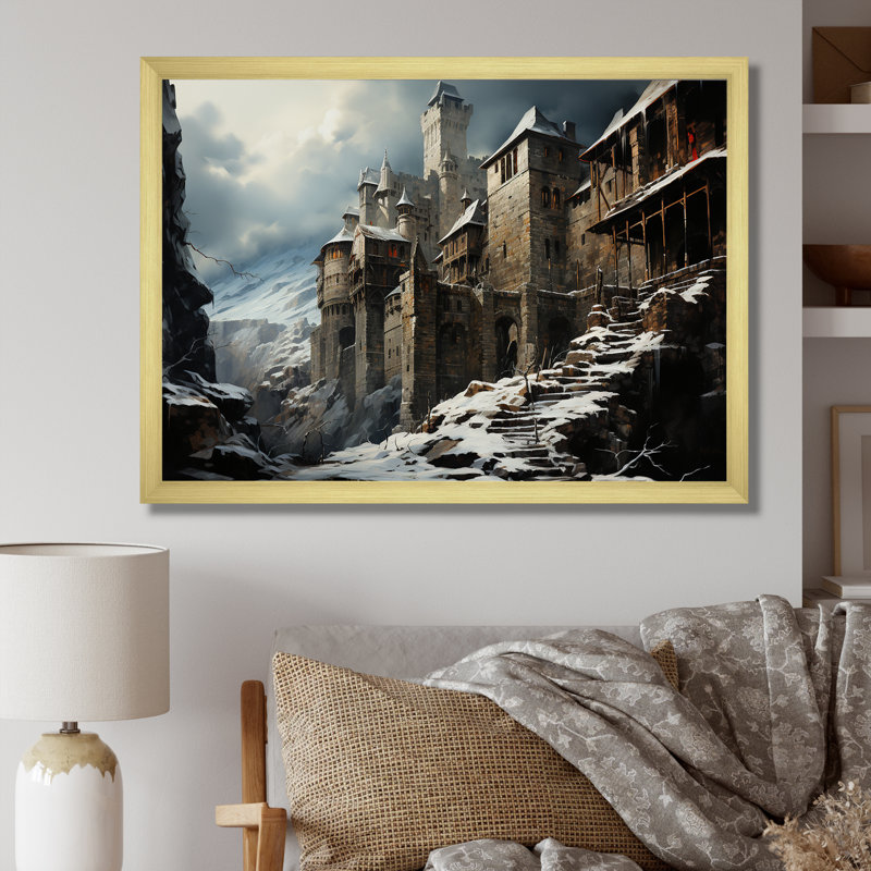 Mediaval château en hiver charme IV - Châteaux, art mural, Cadre doré à coins fermés, H 12 po x l 20 po x P 1 po