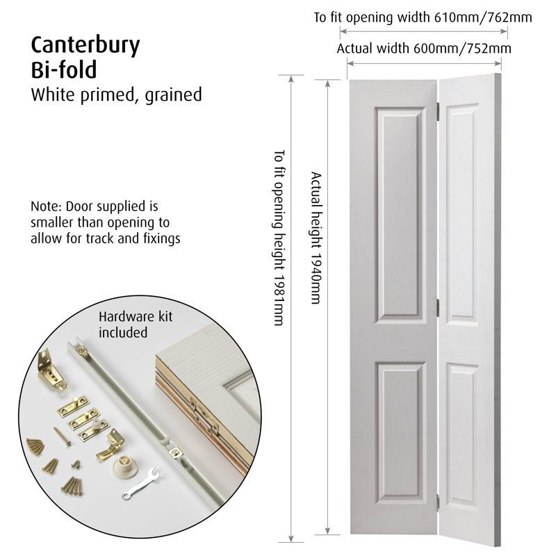 Canterbury Bi-Fold Door Primed, 198.1 cm H x 76.2cm W x 3.5cm D