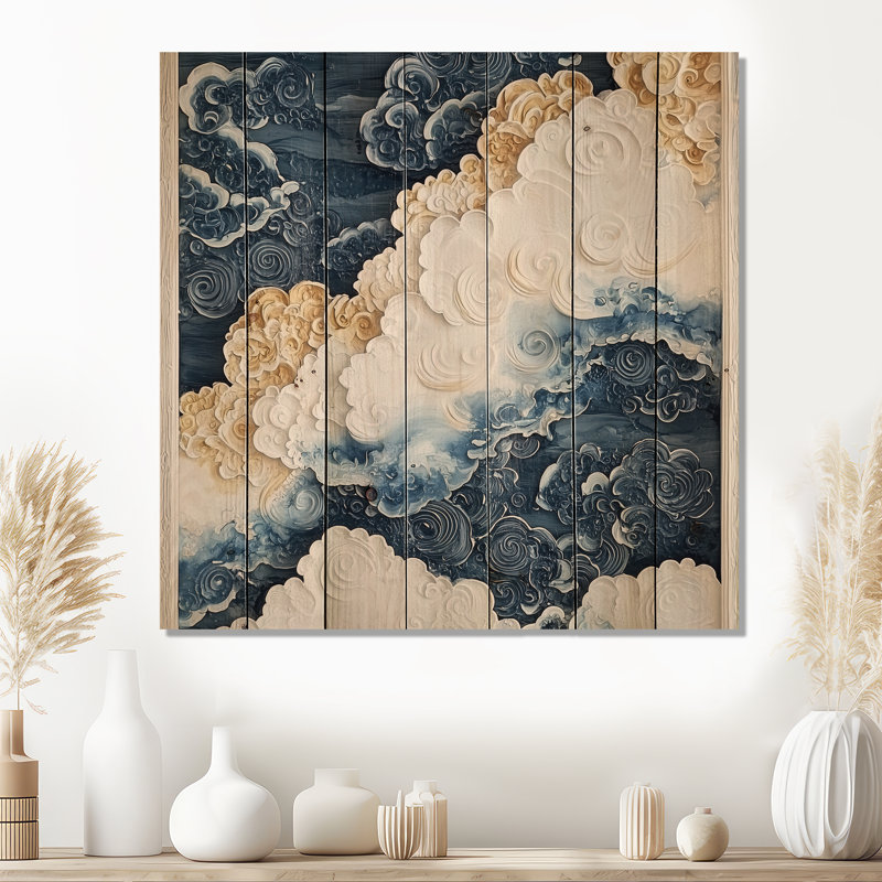 Abstract Sea Breeze Waves III - Coastal Wood Wall Decor On Natural Pine Wood, 25" H x 25" W