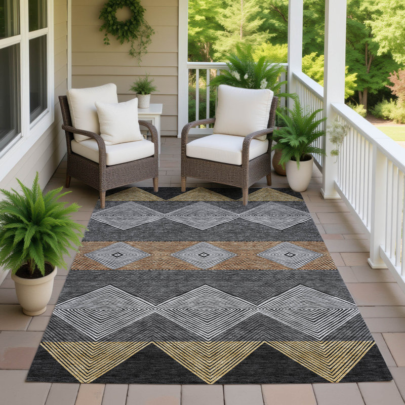 Machine Washable Indoor/Outdoor Chantille ACN2545 Geometric Rug, 5' x 7'6", Black