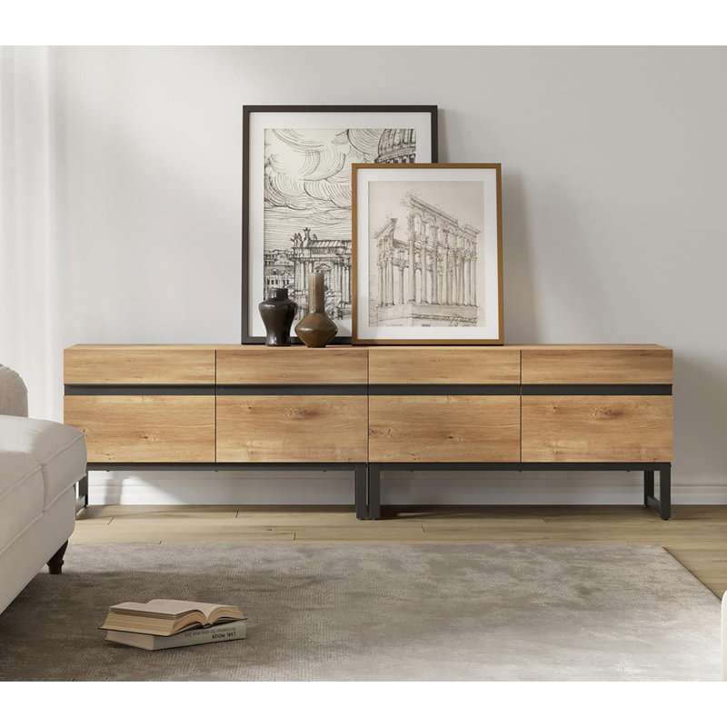 Milibor TV Stand with Cabinets, Natural Oak, 19.9”H x 15.6”L x 70.9”W
