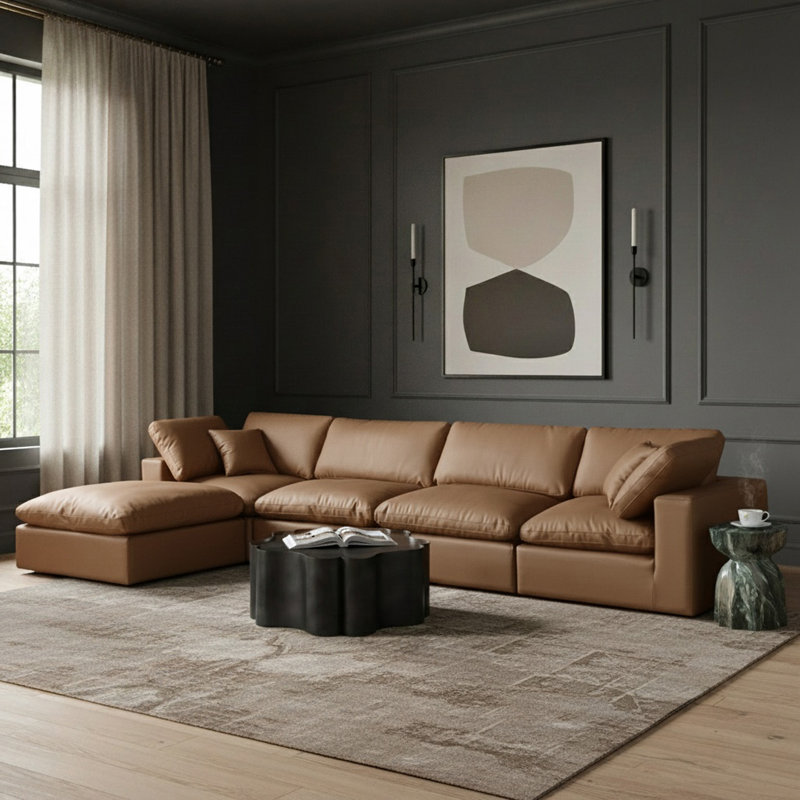 Canapé modulaire réversible en similicuir de 160 po de large avec repose-pieds, Cuir cognac végétalien