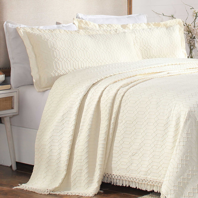 Ivory Twin Cotton Geometric Fringe Bedspread Set