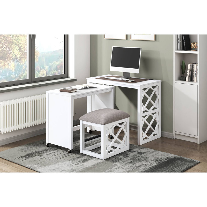 Ensemble de bureau et tabouret 3 pièces Bureau à roulettes avec roulettes, 2 ports de chargement, Blanc