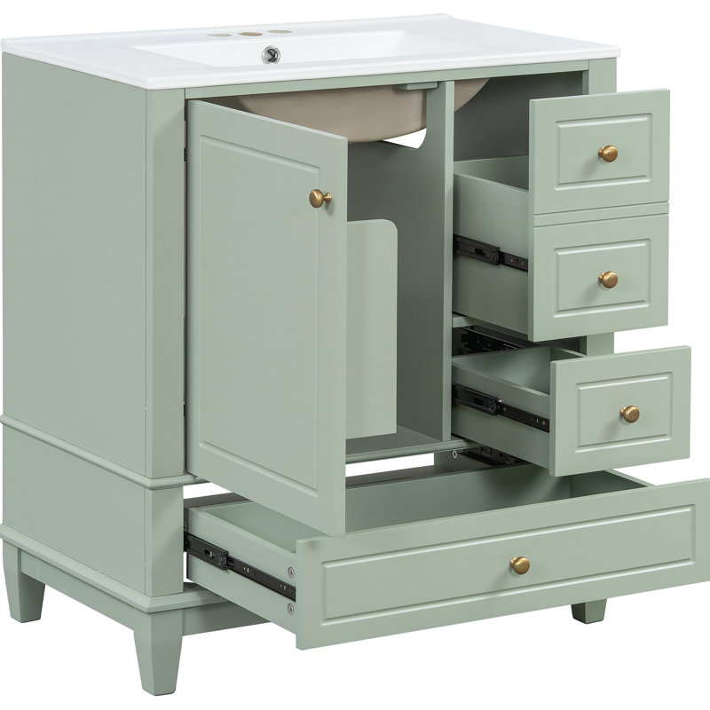 Meuble-lavabo de salle de bain avec lavabo, une porte avec tablette et trois tiroirs, porte à fermeture en douceur, idéale pour le rangement organisé et une installation facile