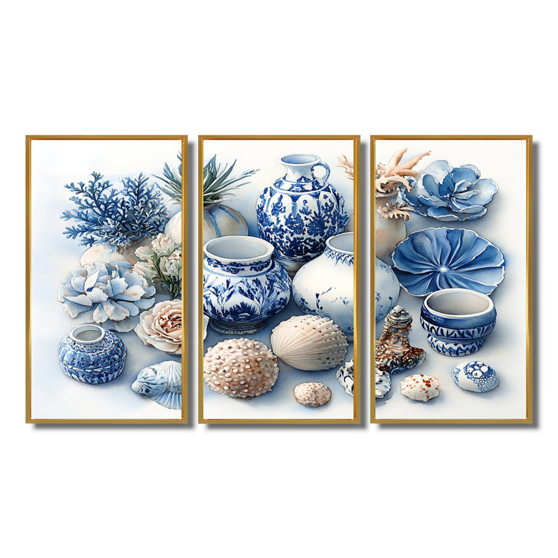Poterie dans des tons bleus et blancs III - ensemble de reproduction d'art mural côtier, Toile avec cadre flottant or
